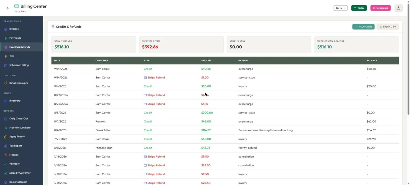 Billing & invoicing in BooknBuddy: Credits & refunds screen