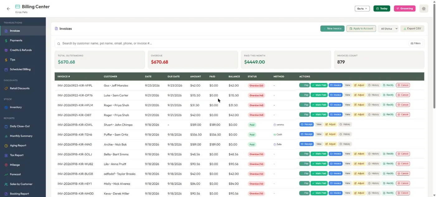Billing & invoicing in BooknBuddy: Invoices screen