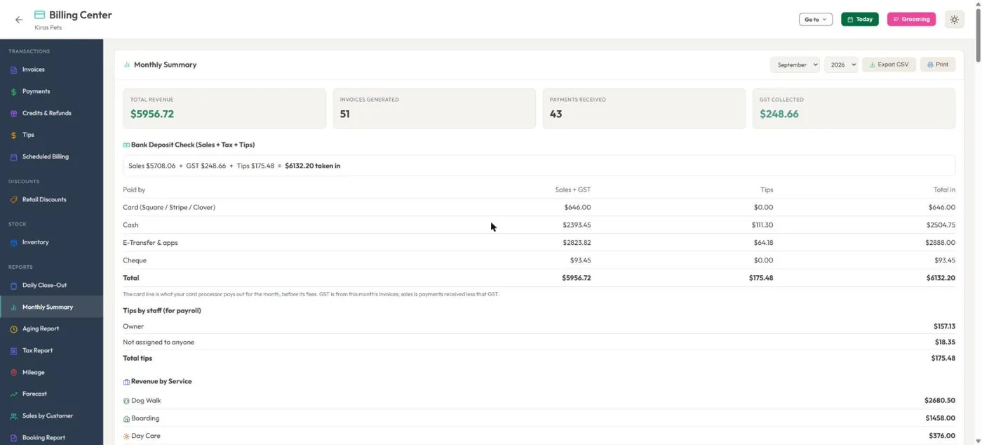 Reports in BooknBuddy: Monthly summary screen
