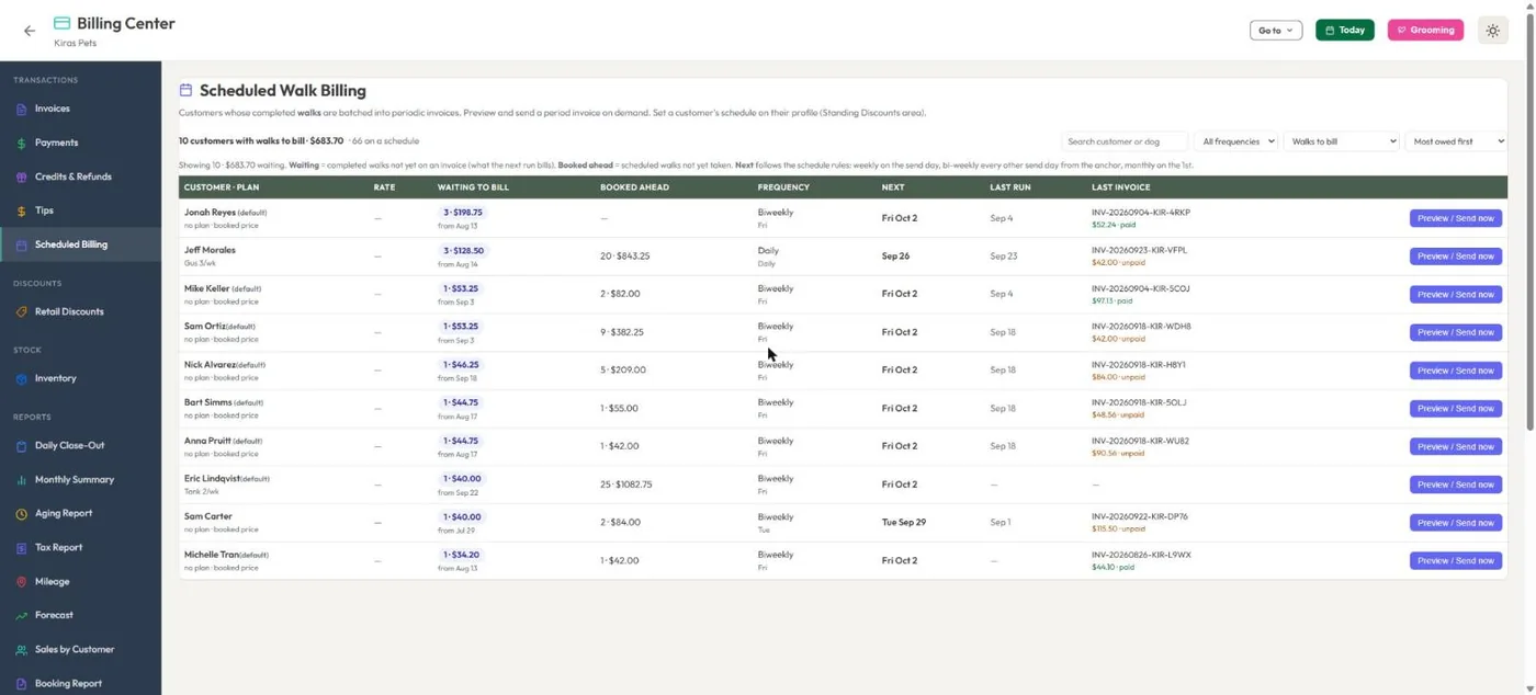 Walk plans & billing in BooknBuddy: Scheduled billing screen