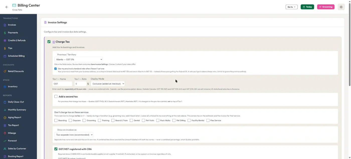 Billing & invoicing in BooknBuddy: Tax screen
