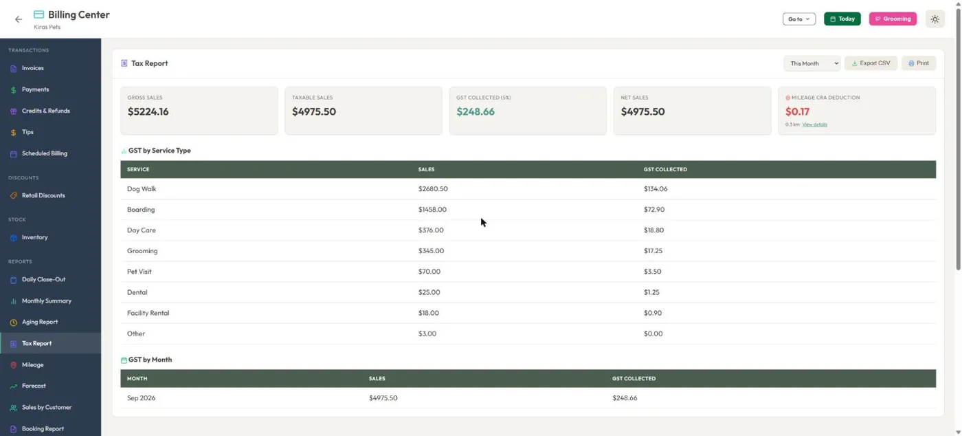 Reports in BooknBuddy: Tax screen