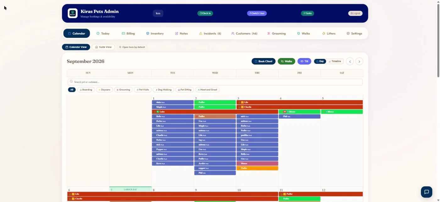 Kennel & capacity management in BooknBuddy: Calendar screen