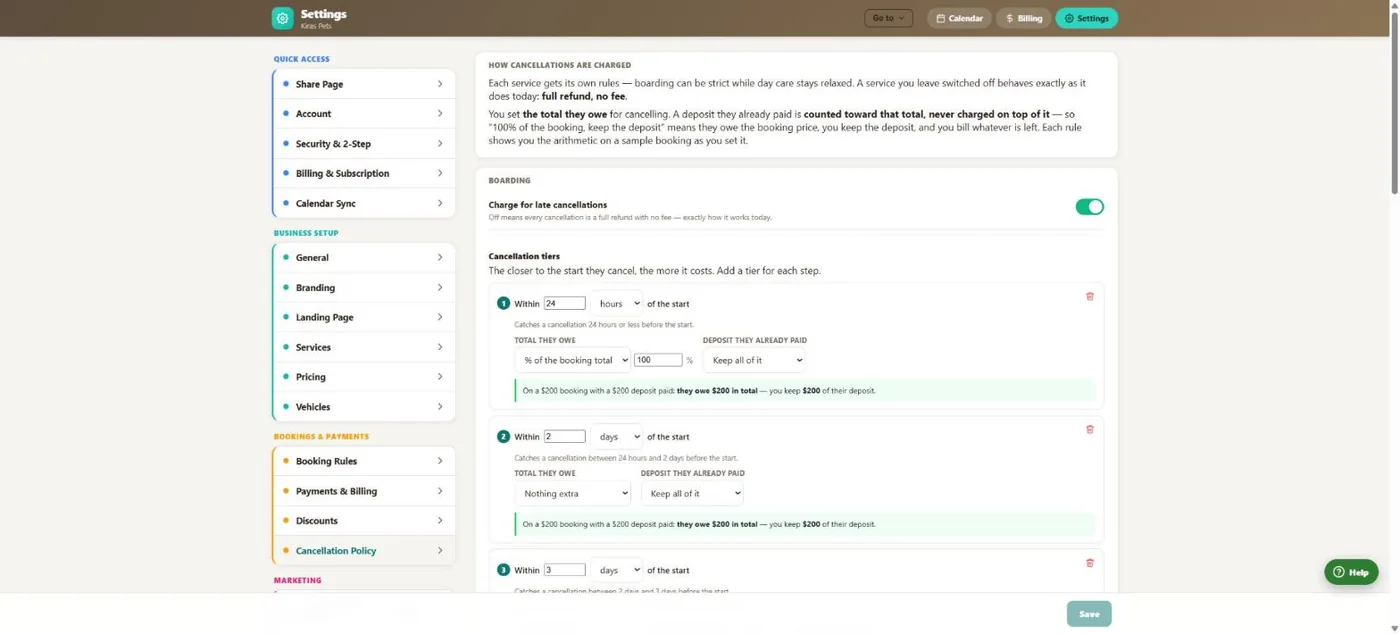 Cancellation & no-show policy in BooknBuddy: Cancellation tiers screen