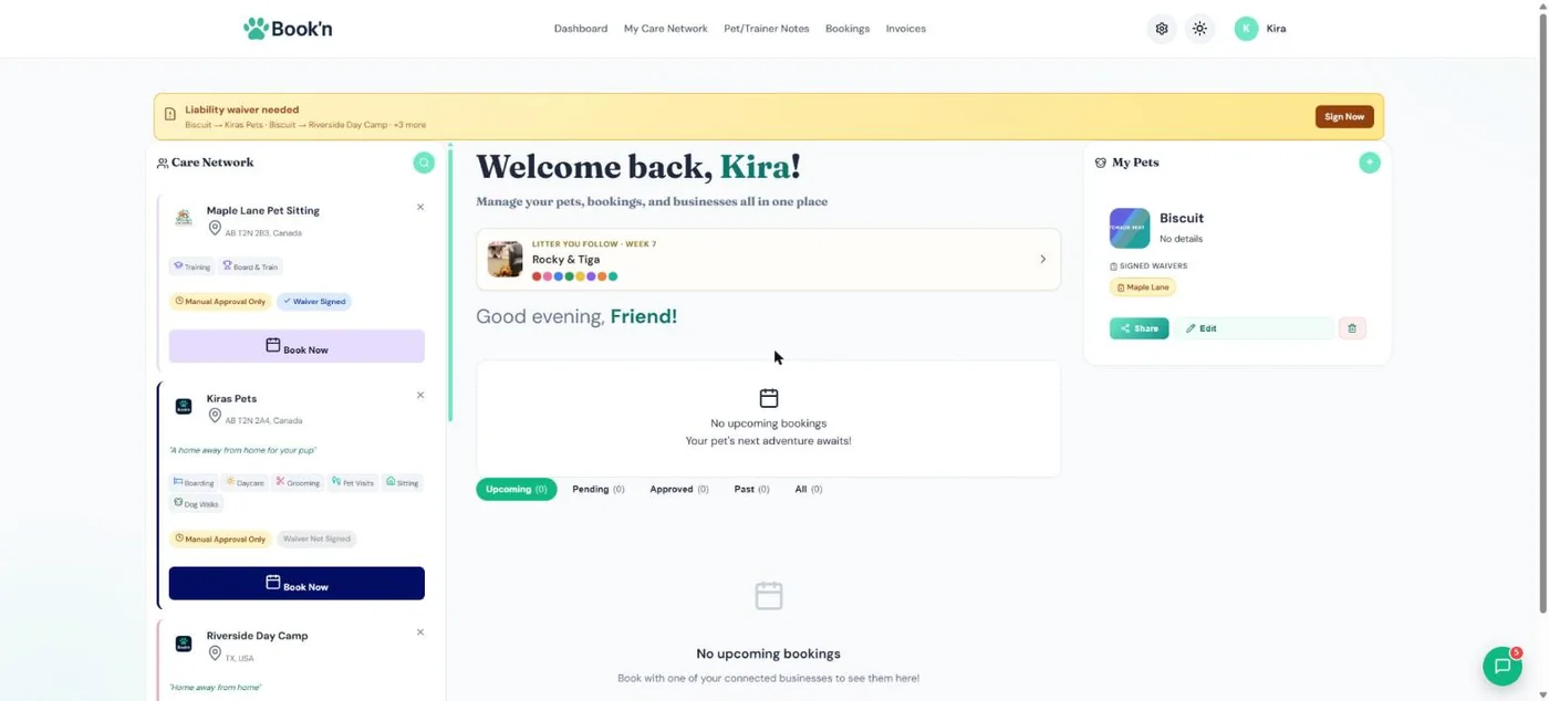 Customer app & portal in BooknBuddy: Client home screen
