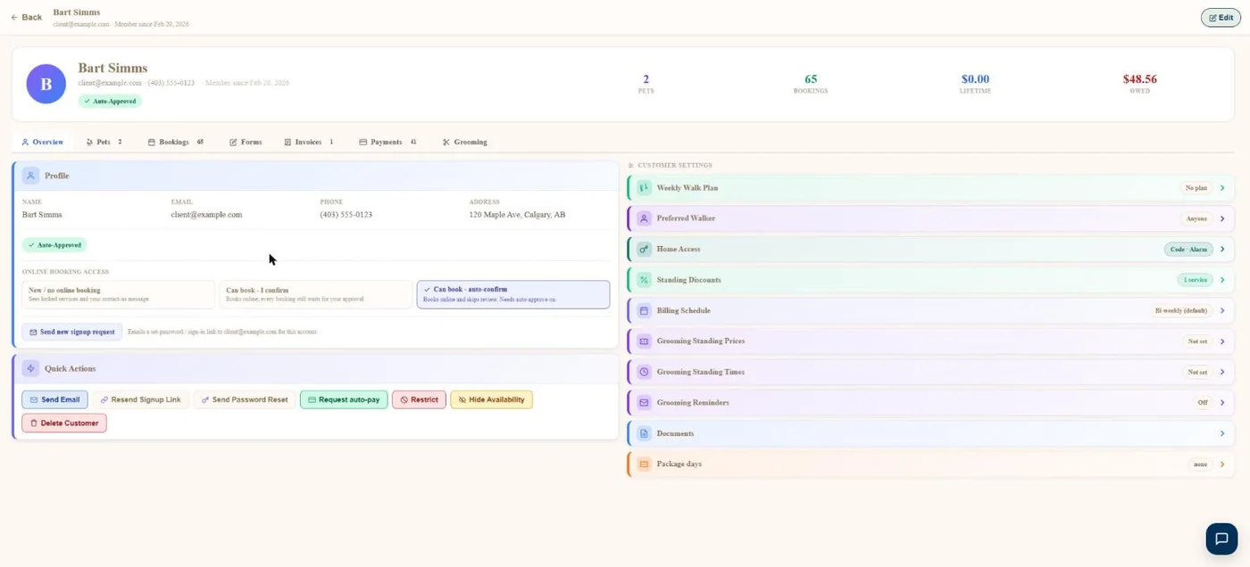 Customer & pet profiles in BooknBuddy: Client screen