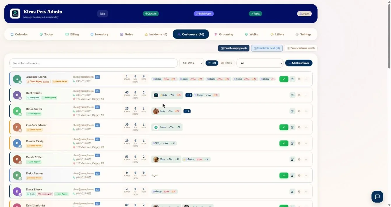 Customer & pet profiles in BooknBuddy: Client list screen