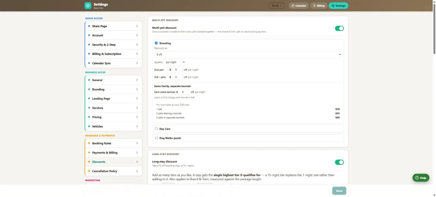 Deposits, packages & credits in BooknBuddy: Multi-pet pricing screen