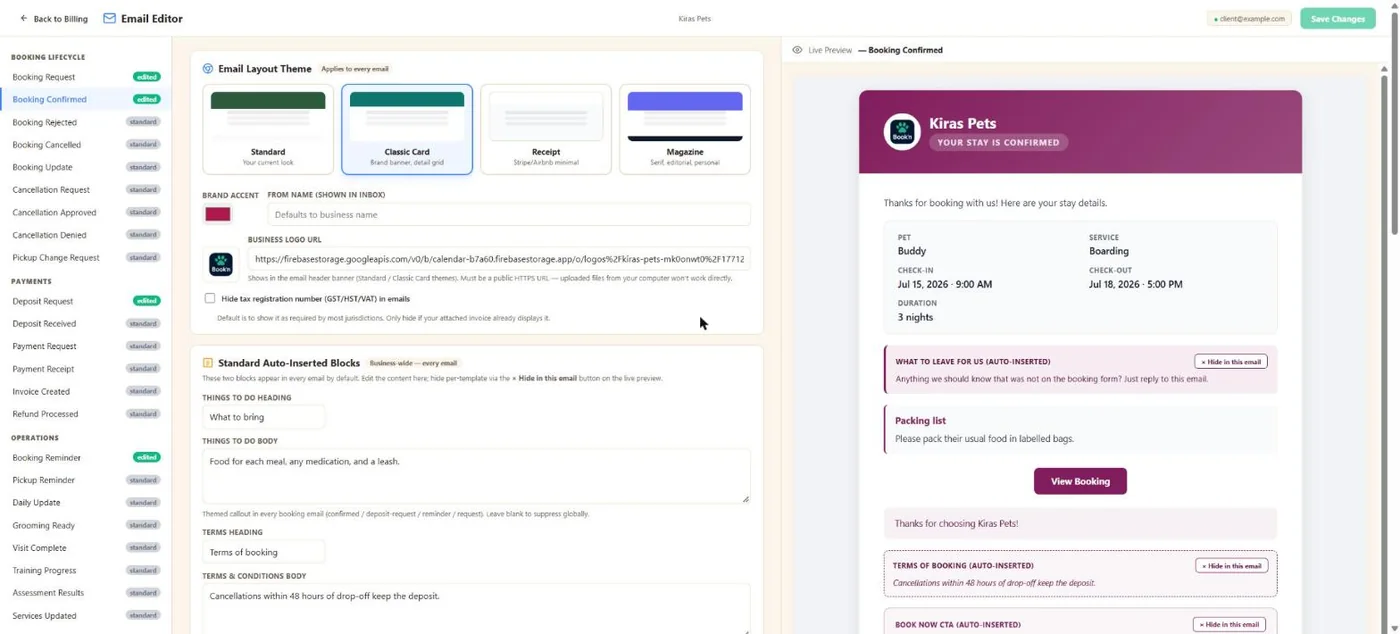 Automated emails in BooknBuddy: Email editor screen