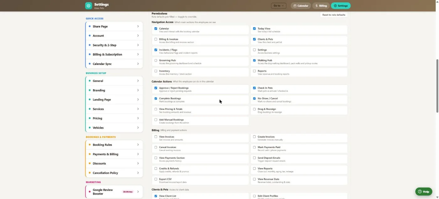 Employee management in BooknBuddy: Permissions screen