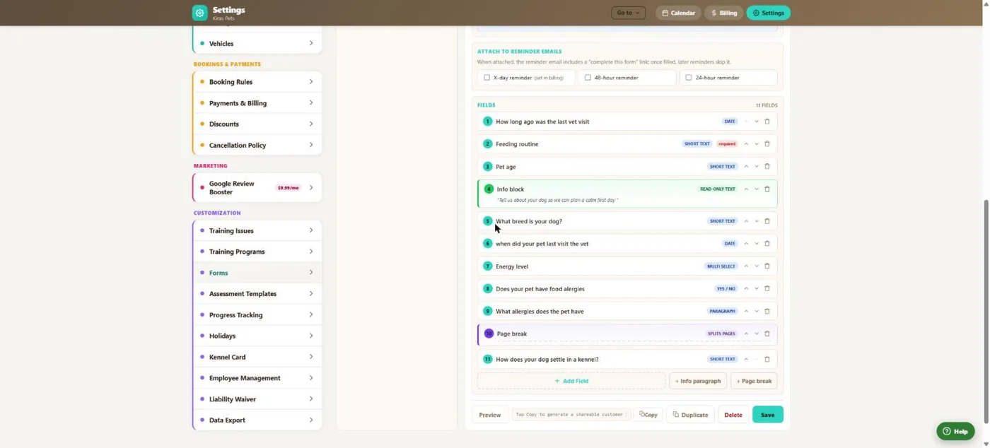 Forms & custom forms in BooknBuddy: Fields screen