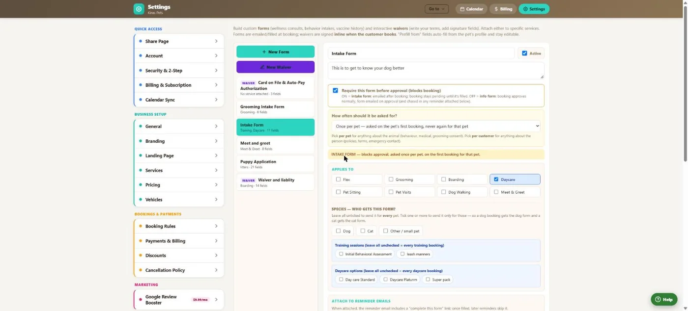 Forms & custom forms in BooknBuddy: Form settings screen