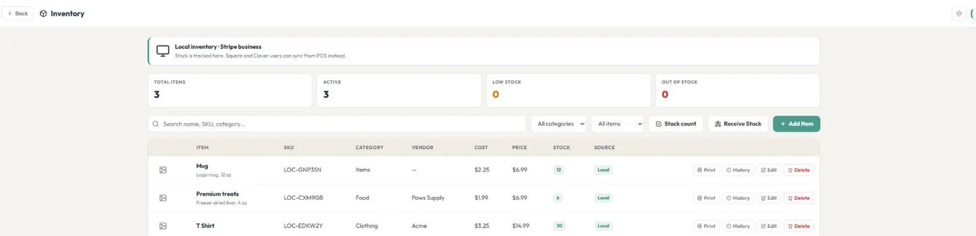 Retail till & inventory in BooknBuddy: Inventory screen