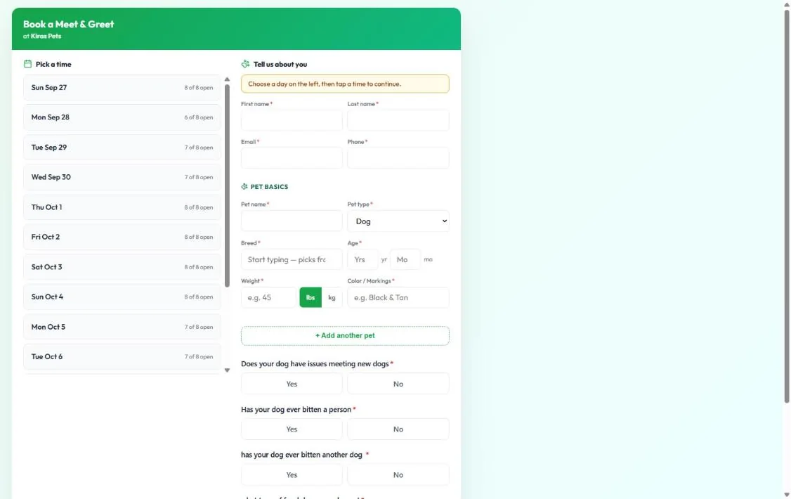 Meet & Greet in BooknBuddy: Booking page screen