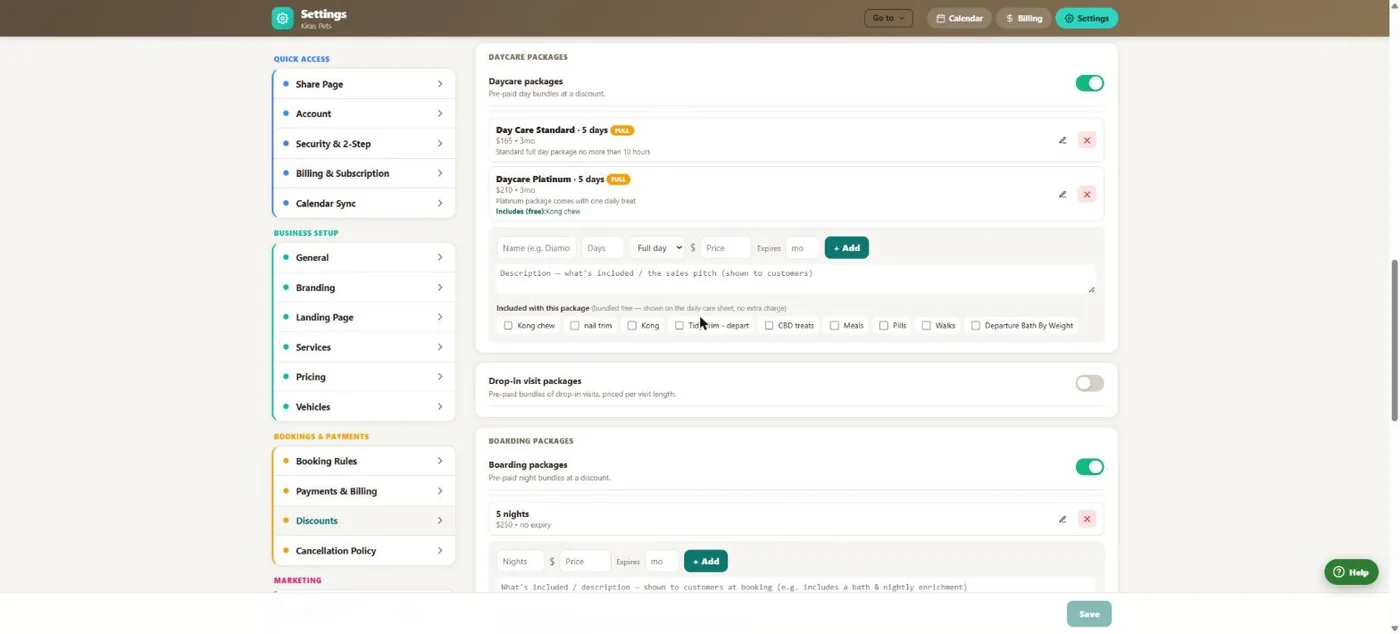 Deposits, packages & credits in BooknBuddy: Packages screen