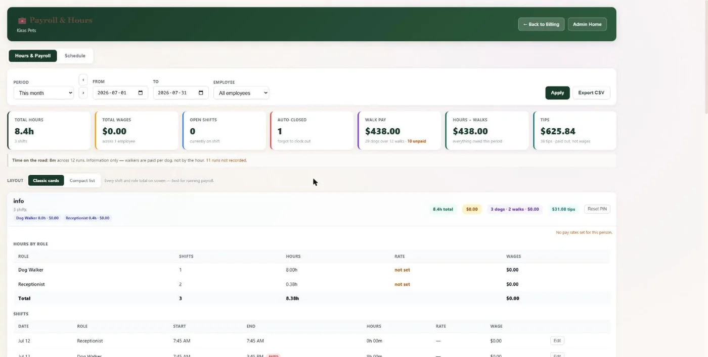 Time clock & payroll hours in BooknBuddy: Hours screen