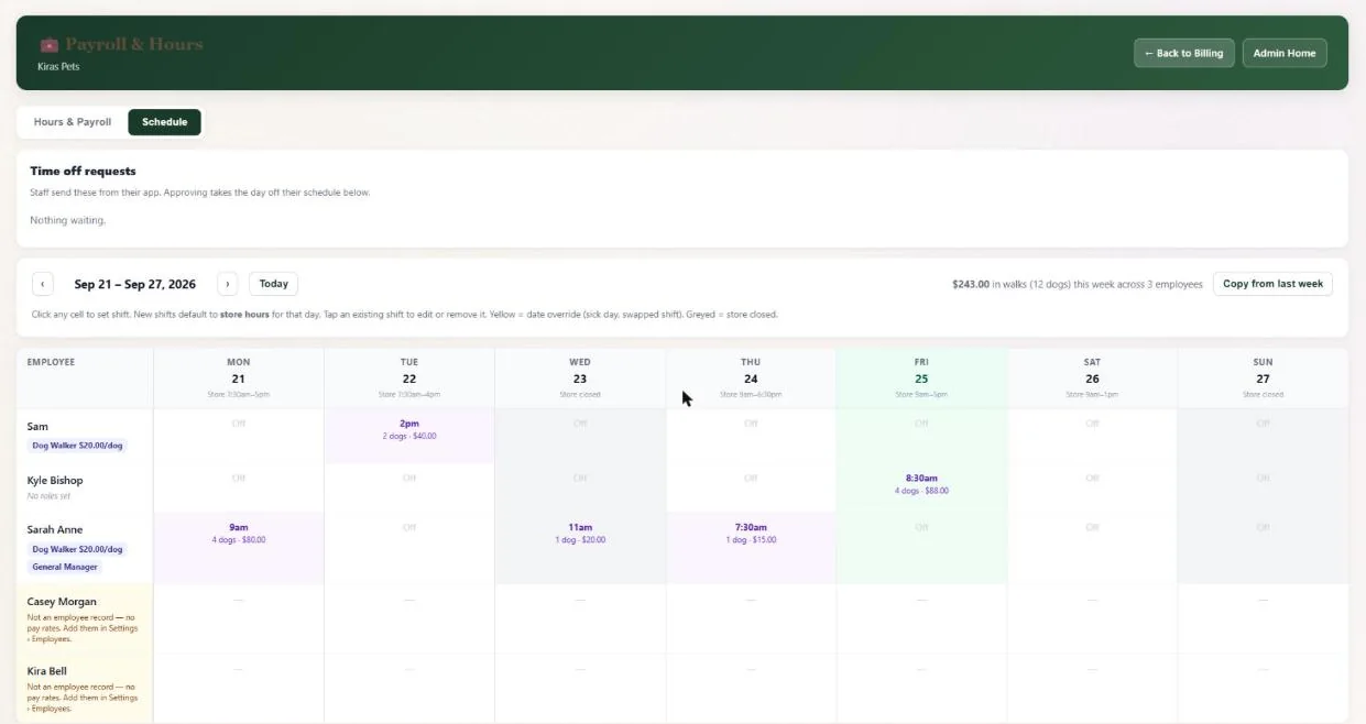 Time clock & payroll hours in BooknBuddy: Schedule screen