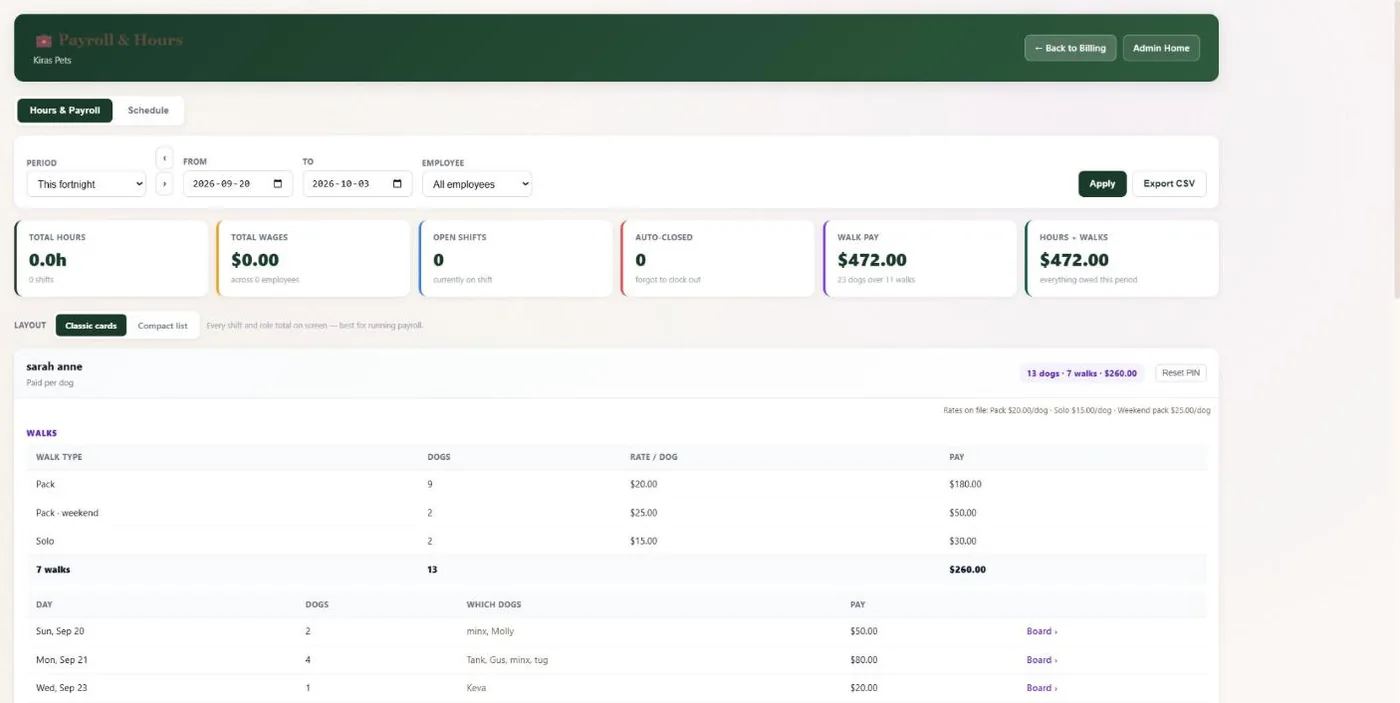 Time clock & payroll hours in BooknBuddy: Walker pay screen