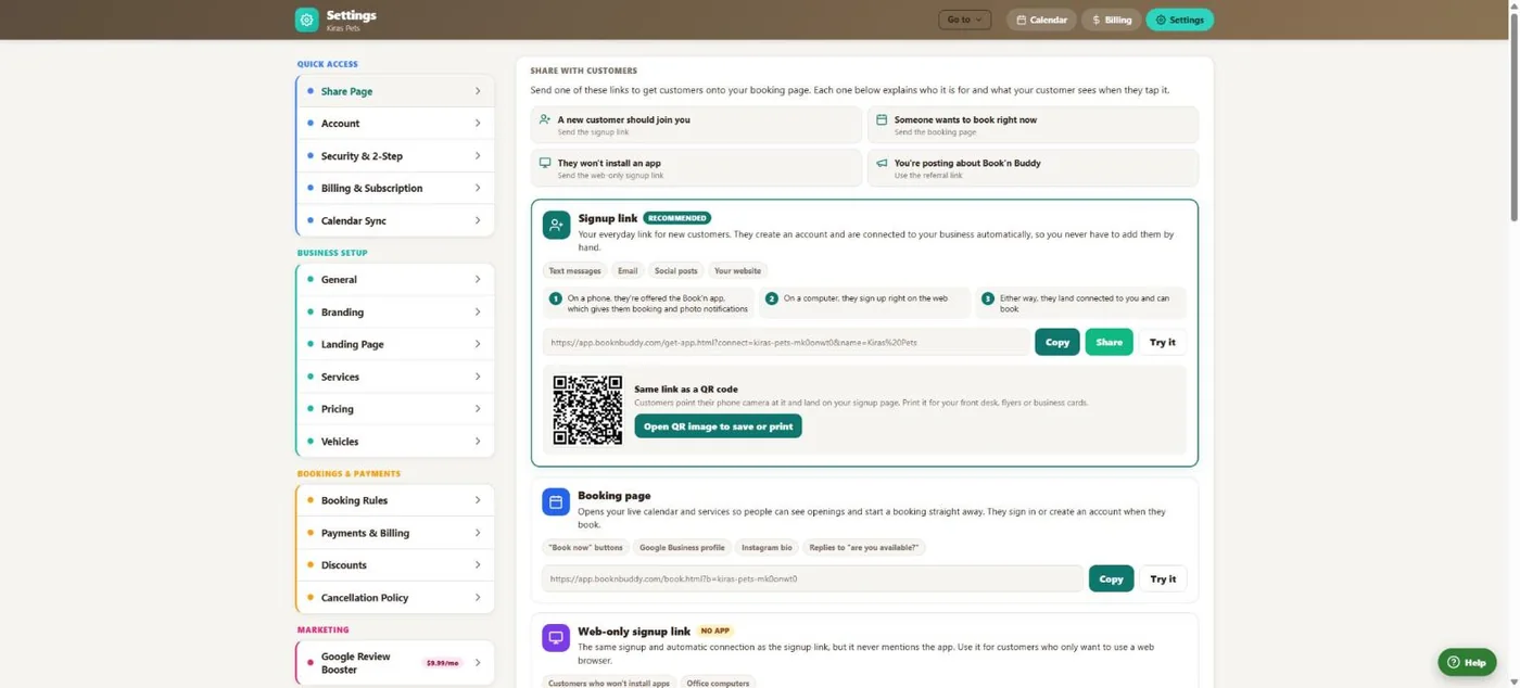 Booking widget & links in BooknBuddy: Your links screen