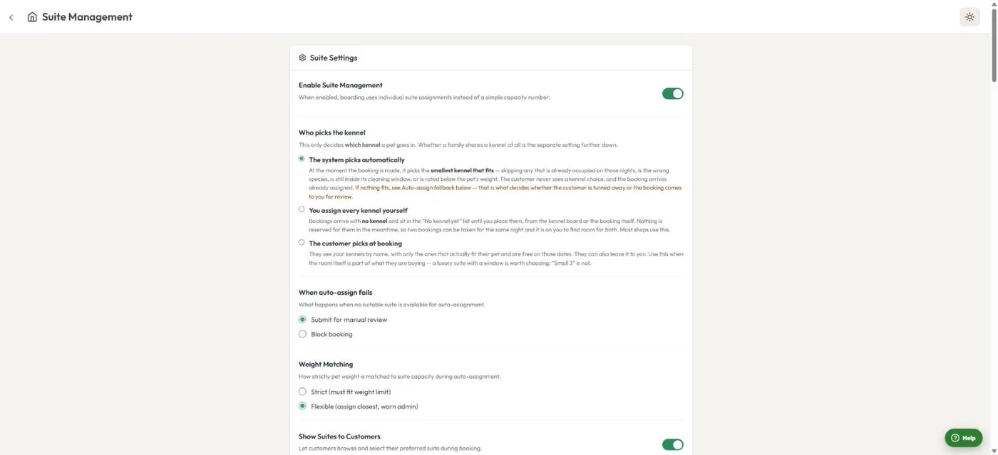 Kennel & capacity management in BooknBuddy: Who picks the kennel screen