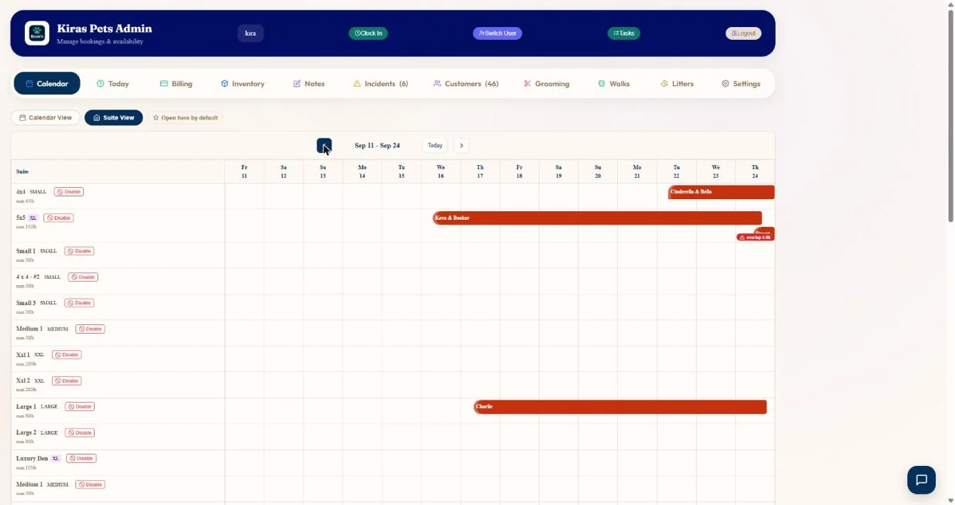 Kennel & capacity management in BooknBuddy: Kennel grid screen