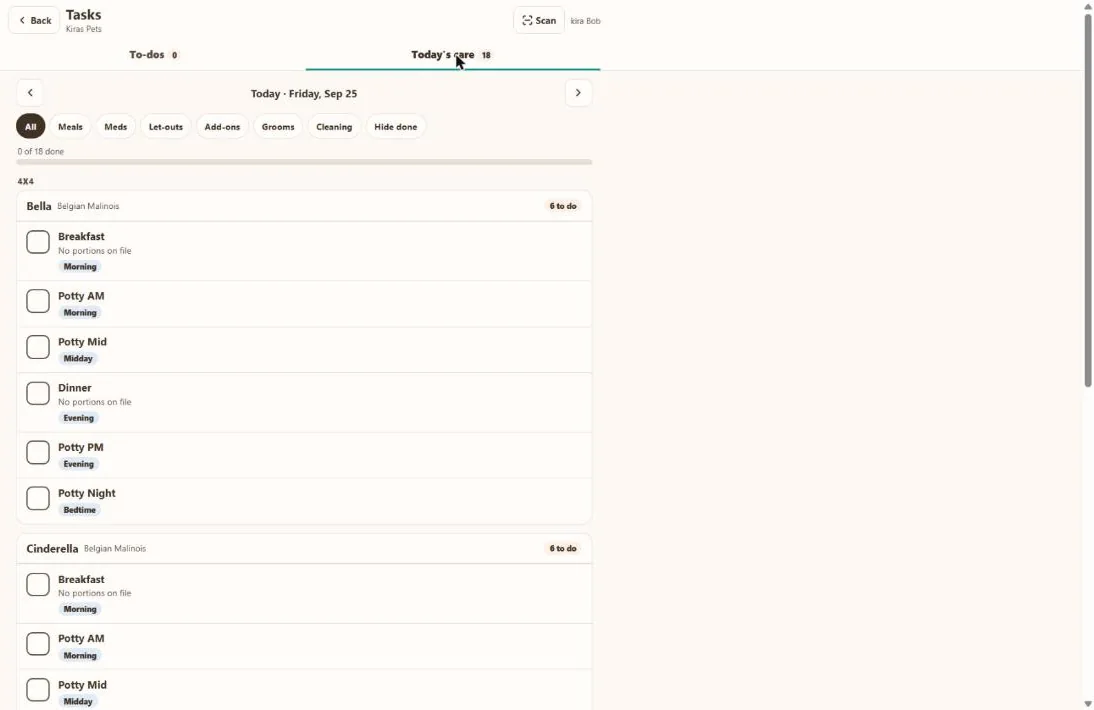 Staff task lists in BooknBuddy: Today's care screen