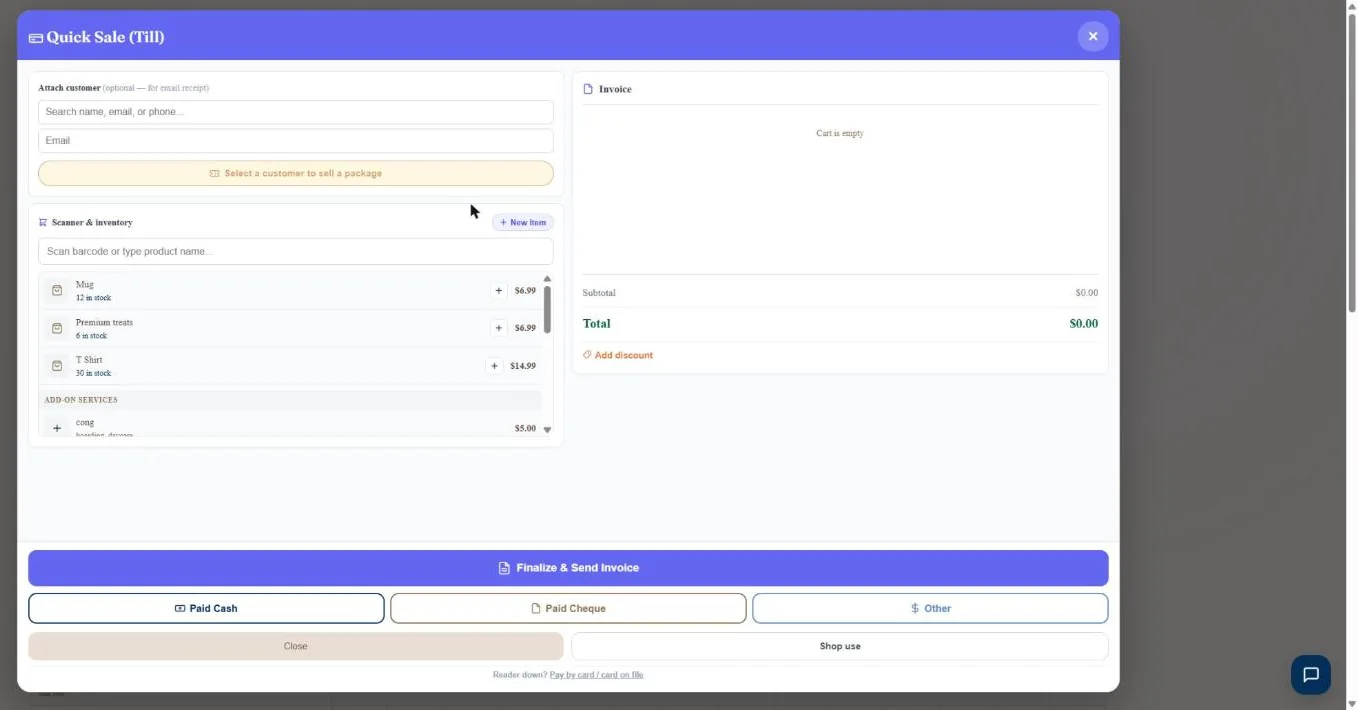 Retail till & inventory in BooknBuddy: Quick sale screen