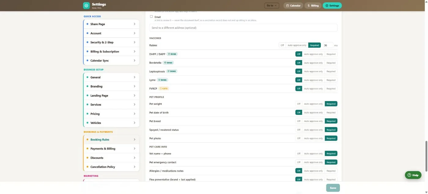 Vaccination tracking in BooknBuddy: Vaccine rules screen
