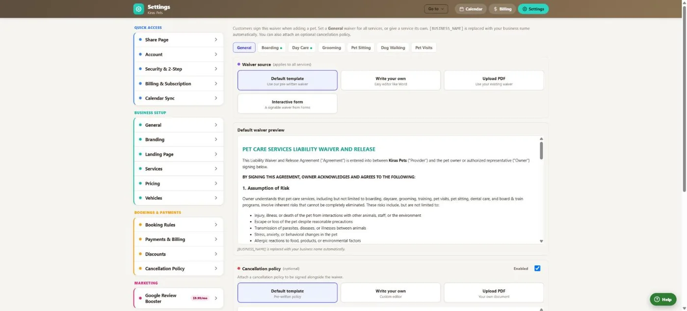 Digital waivers in BooknBuddy: Waiver screen