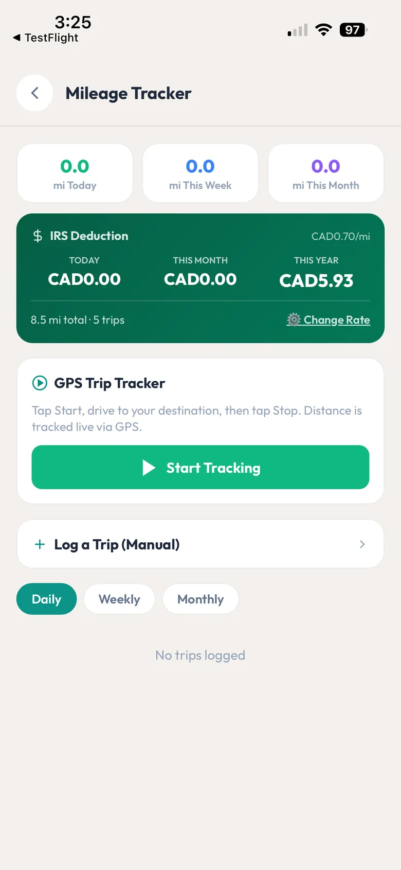 GPS walks & pickup routes in BooknBuddy: Mileage screen