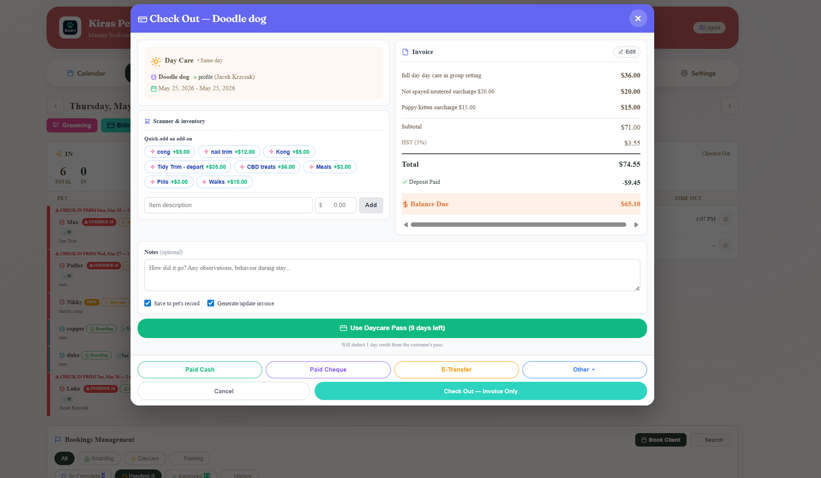 Daycare checkout modal showing the day care line item, late drop-off charge, scanner inventory with nail trim and CBD treats, GST line, deposit credit, balance due, and a Use Daycare Pass button with 8 days remaining