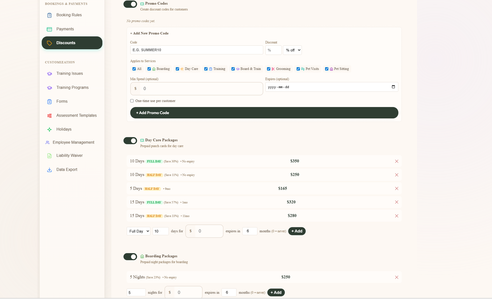 Discounts admin panel with promo code form on top and Day Care Packages and Boarding Packages tables underneath showing 10-day and 20-day bundles