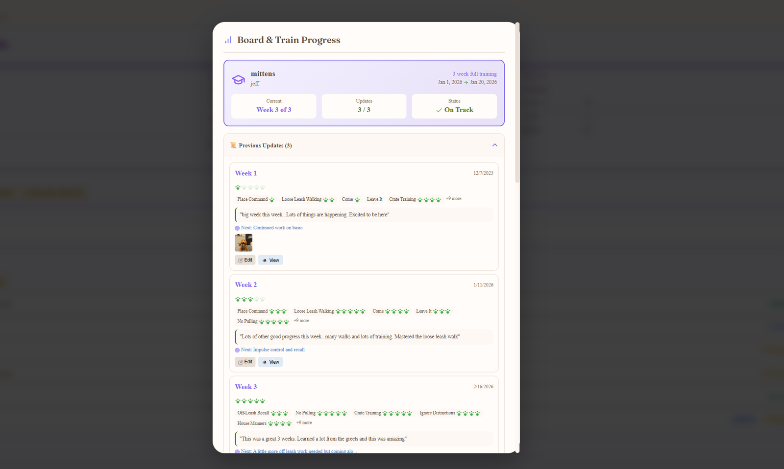Customer-side Board and Train Progress modal for mittens showing 3 week full training, Week 3 of 3 current status, 3 of 3 updates, On Track status, and the Previous Updates expanded with Week 1 Week 2 and Week 3 cards each showing skill ratings, customer-facing notes and a photo