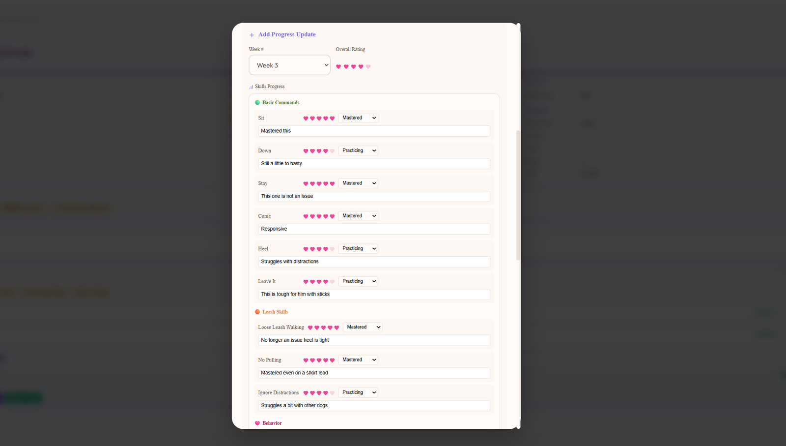 Trainer-side weekly progress update form with skill rows showing mastered/practicing/learning toggles per skill, rating selector, customer-facing notes textarea, photo and video upload, focus area and homework fields
