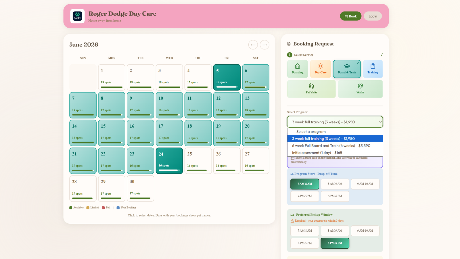 Customer dashboard with a month availability calendar and a Booking Request panel showing Board and Train selected with a program dropdown listing 3 week full training $1950 and 6 week Full Board and Train $5590 options