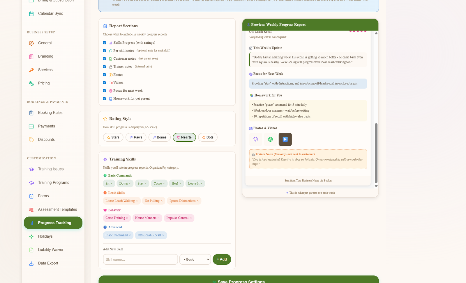 Modular form configuration showing toggleable Report Sections — Skills Progress, Pre-skill notes, Customer notes, Trainer notes, Photos, Videos, Focus for next week, Homework for pet parent — with a live preview of the Weekly Progress Report on the right