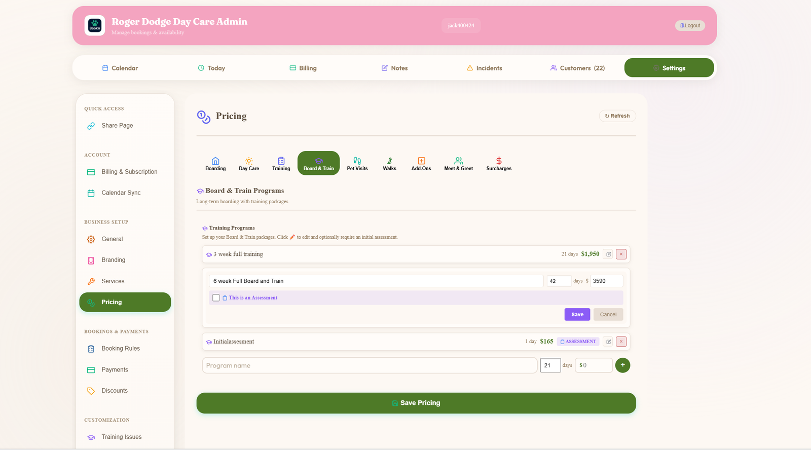 Admin Pricing screen on the Board and Train tab showing a Training Programs list with packages like 1 week full training at $1099 and 8 week Full Board and Train at $5590 with editable rows and a Save Pricing button