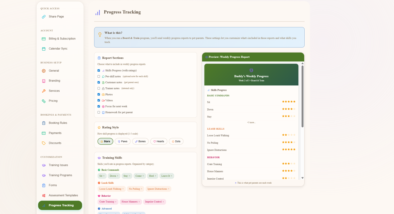 Progress Tracking config showing Report Sections checklist, Rating Style picker with Stars Paws Bones Hearts and Dots options, a Training Skills section grouped by Basic Commands Leash Skills and Behaviour, and a live preview of the Weekly Progress Report on the right