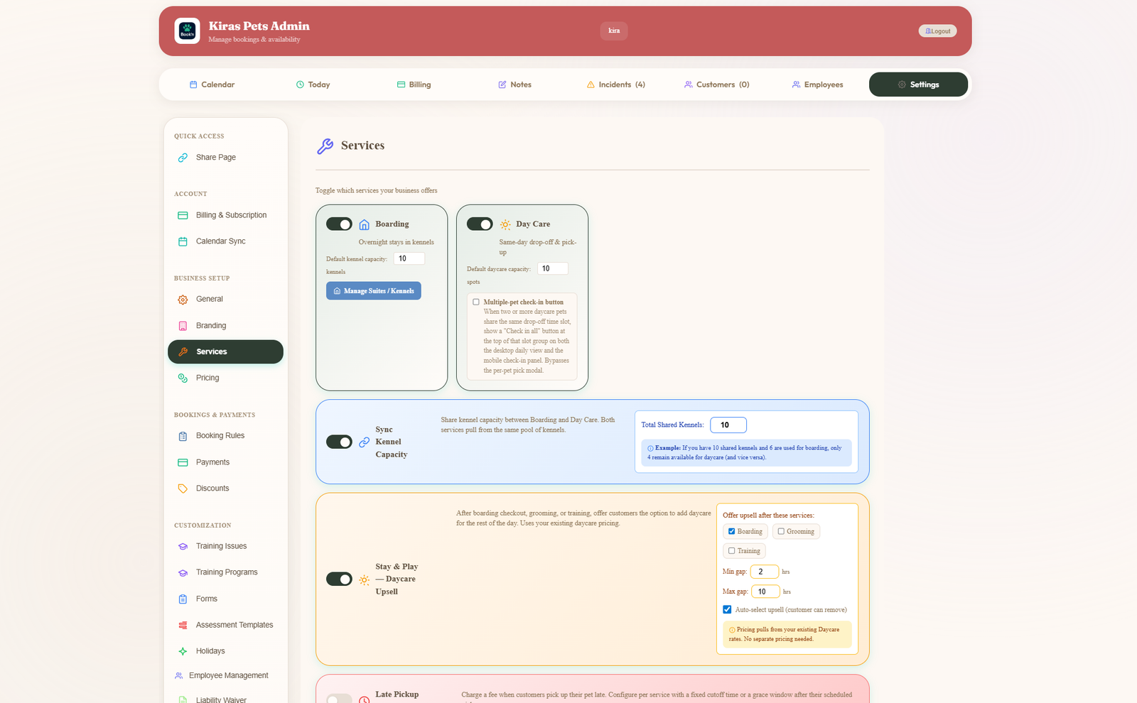 Admin Services panel showing Boarding and Day Care toggles, joint kennel capacity tied together, and the Late Pickup fee configuration block