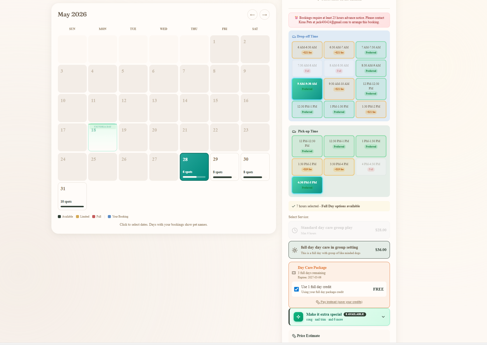 Customer daycare booking — month calendar of availability on the left, drop-off and pickup time grids plus active package and price estimate on the right