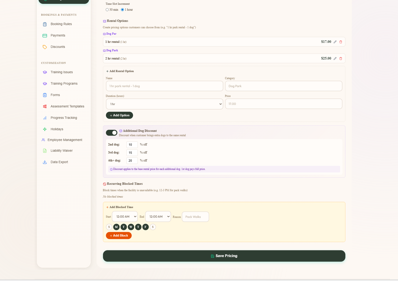 Admin Facility Rental tab showing the Rental Options list with two Dog Park options, the Add Rental Option form, the Additional Dog Discount section with per-dog percentage off configured for 2nd dog, 3rd dog and 4 plus dogs, and the Recurring Blocked Times section starting underneath