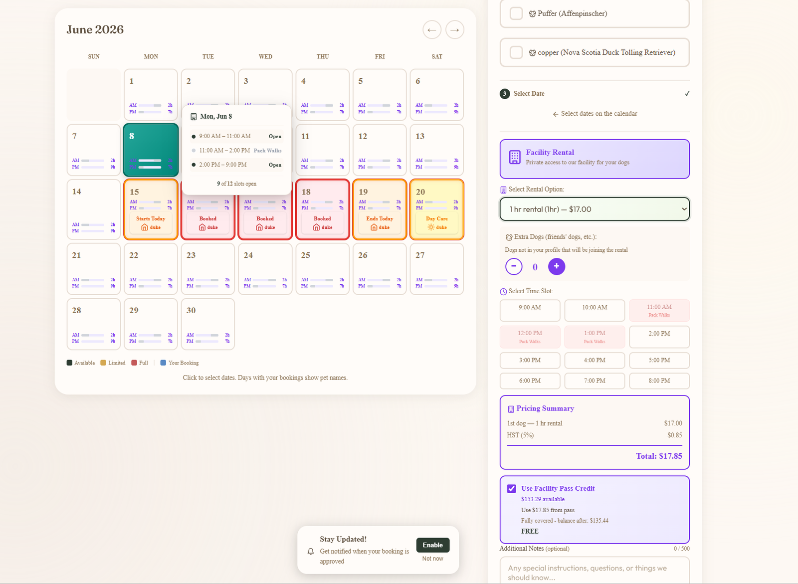 Customer facility rental booking view with a June month calendar showing available dates, Facility Rental service selected, an option dropdown for a 1 hour rental at $17.99, time slot picker, pricing summary, and a Use Facility Pass Credits section