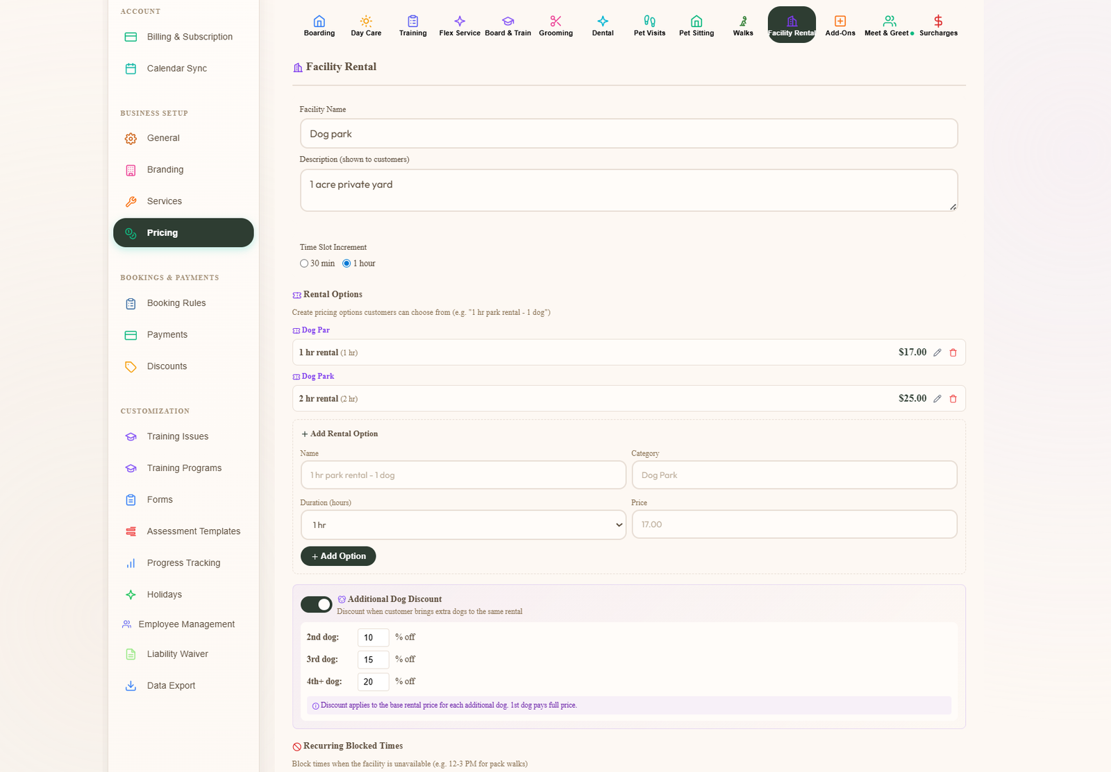 Admin Pricing tab for Facility Rental showing Facility Name and Description fields, Time Slot Increment toggle for 30 or 60 minute, Rental Options list with Dog Park options at $17.99 and $25.99, the Add Rental Option form with name, category, duration and price fields, and an Additional Dog Discount section