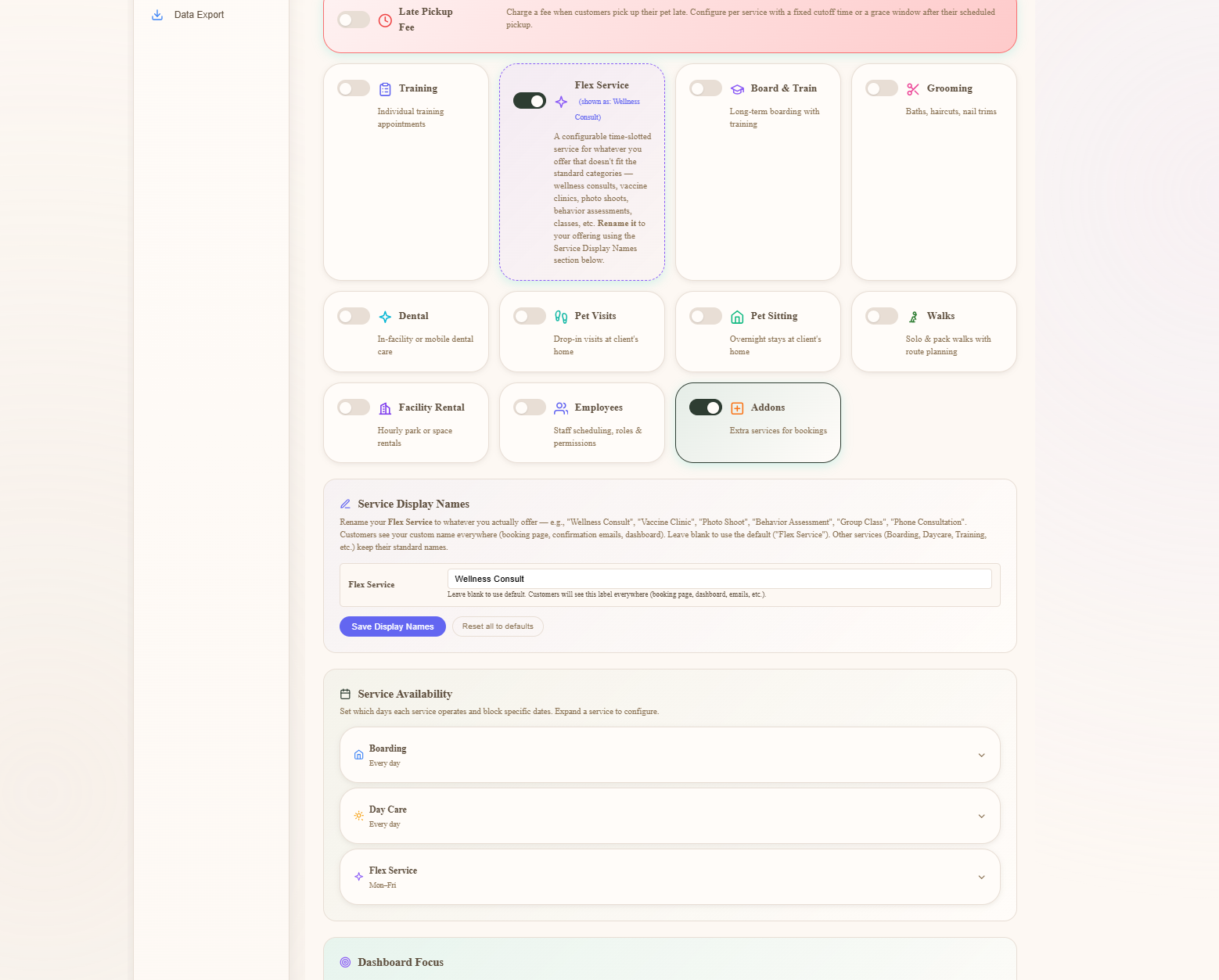 Admin Service Settings page showing every service tile — Boarding, Day Care, Flex Service, Board and Train, Grooming, Dental, Pet Visits, Pet Sitting, Walks, Facility Rental, Employee, Add-Ons — each with an Enabled toggle, plus a Service Display Names section underneath with text inputs for renaming each service