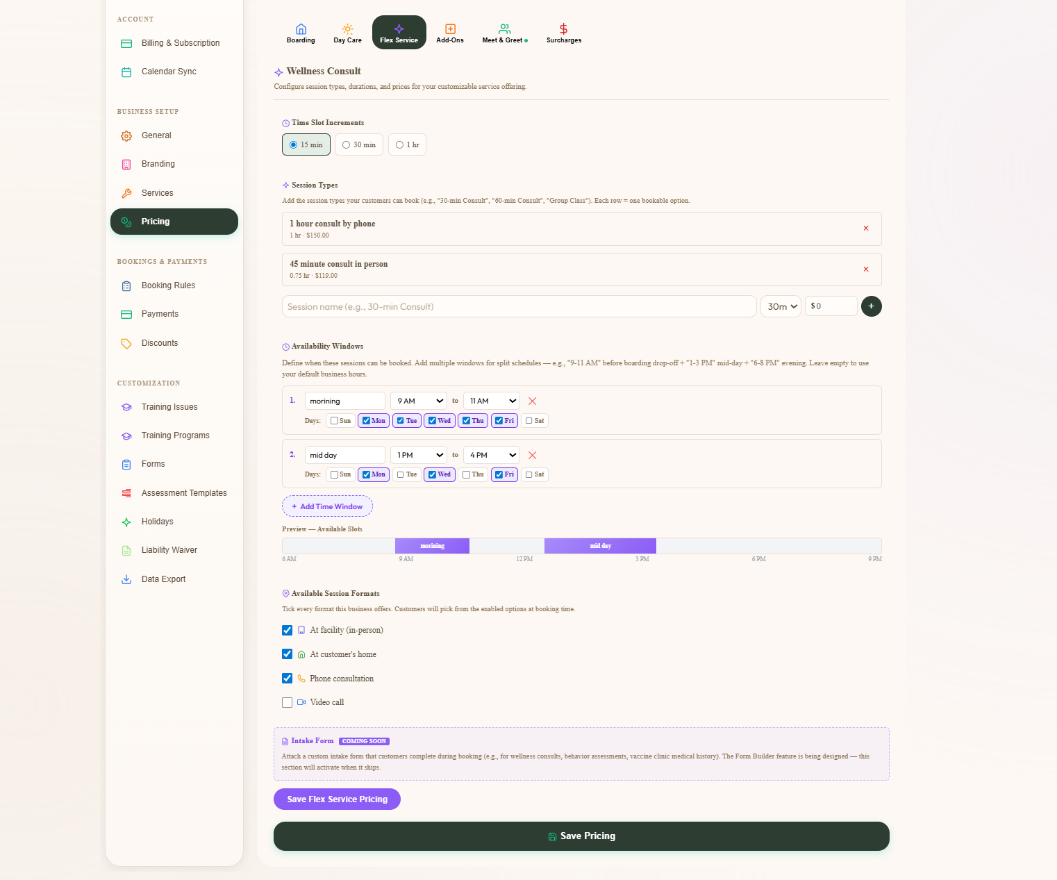 Admin Pricing tab for a Flex Service renamed Wellness Consult — session types list, available formats checkboxes for in-facility / in-customer's home / phone consultation, time-window cards with day-of-week pills, Save Flex Service Pricing button