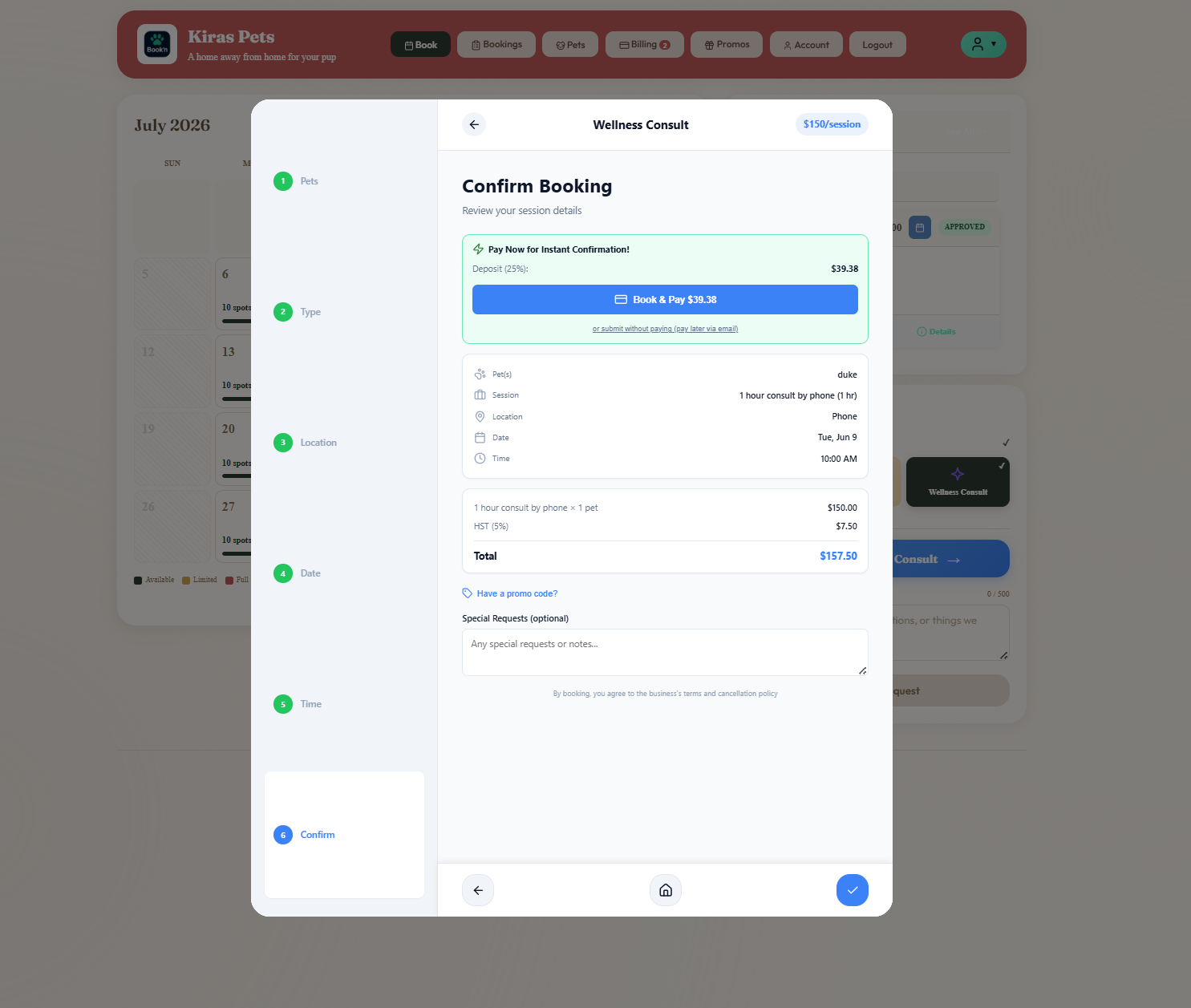 Customer Wellness Consult booking modal at the Confirm step showing a Pay Now for Instant Confirmation block with deposit amount and a Book and Pay button, plus an itemised booking detail card with pet, session, location, date, time and total of $107.39 including tax, and a Special Requests textarea