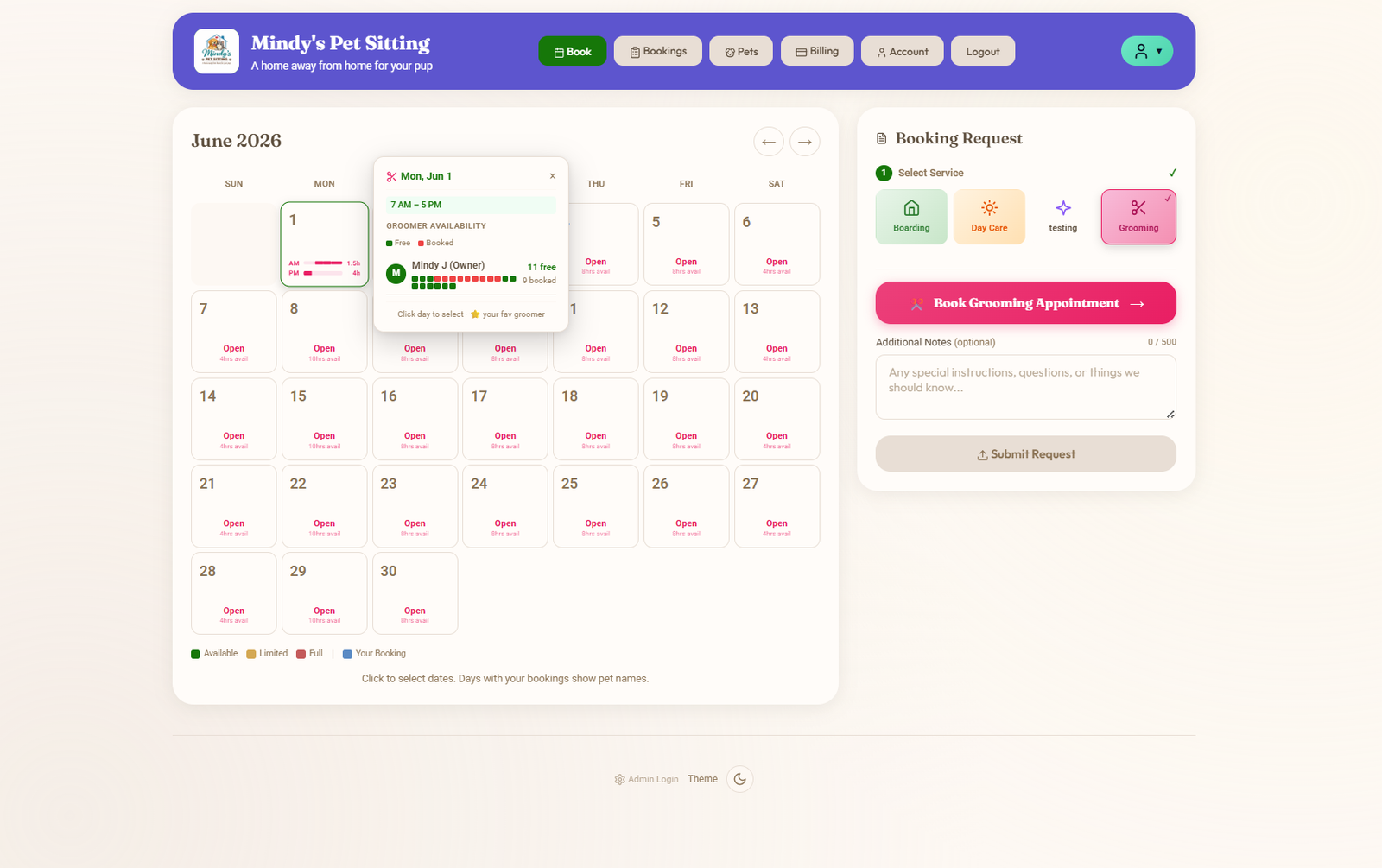 Customer-side grooming availability view with month calendar showing per-day availability and a popup showing which groomers are working on the selected date, their available time window and the booking request panel