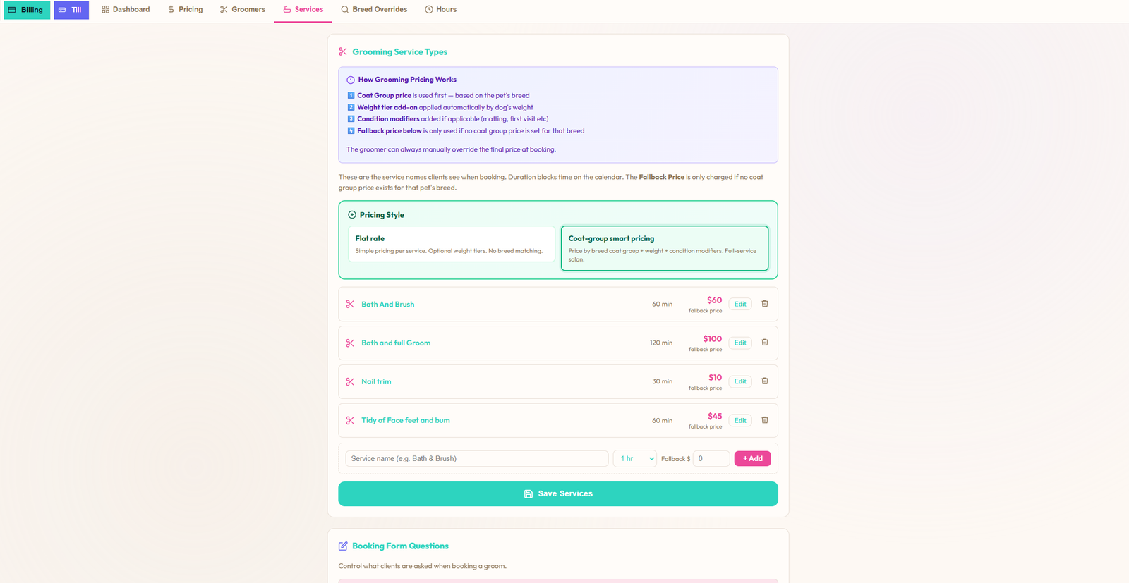 Grooming Service Types admin with the per-service pricing-style toggle, an explainer of how coat group, weight tier, condition modifiers and fallback price stack, and a list of services each with their own duration and fallback price