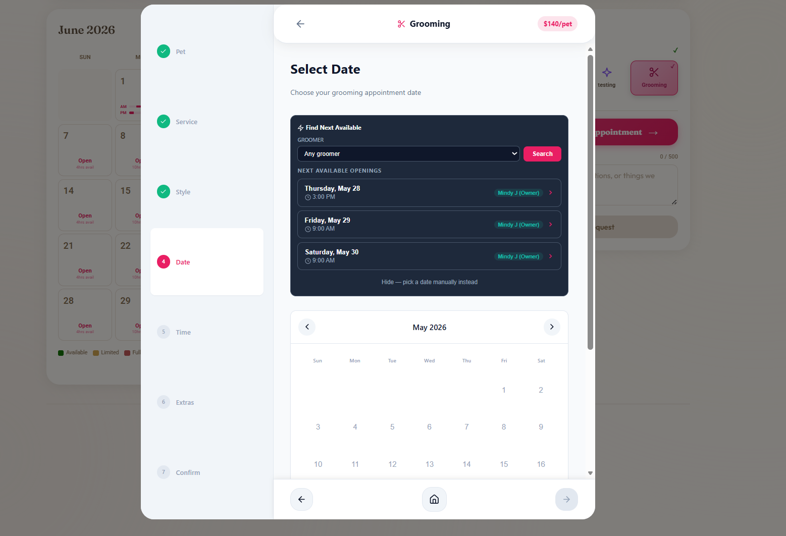 Grooming booking wizard on the Date step showing a Find Next Available panel with a groomer dropdown, three suggested openings each with date, time and groomer name, and the option to hide the helper and pick a date manually from the calendar below