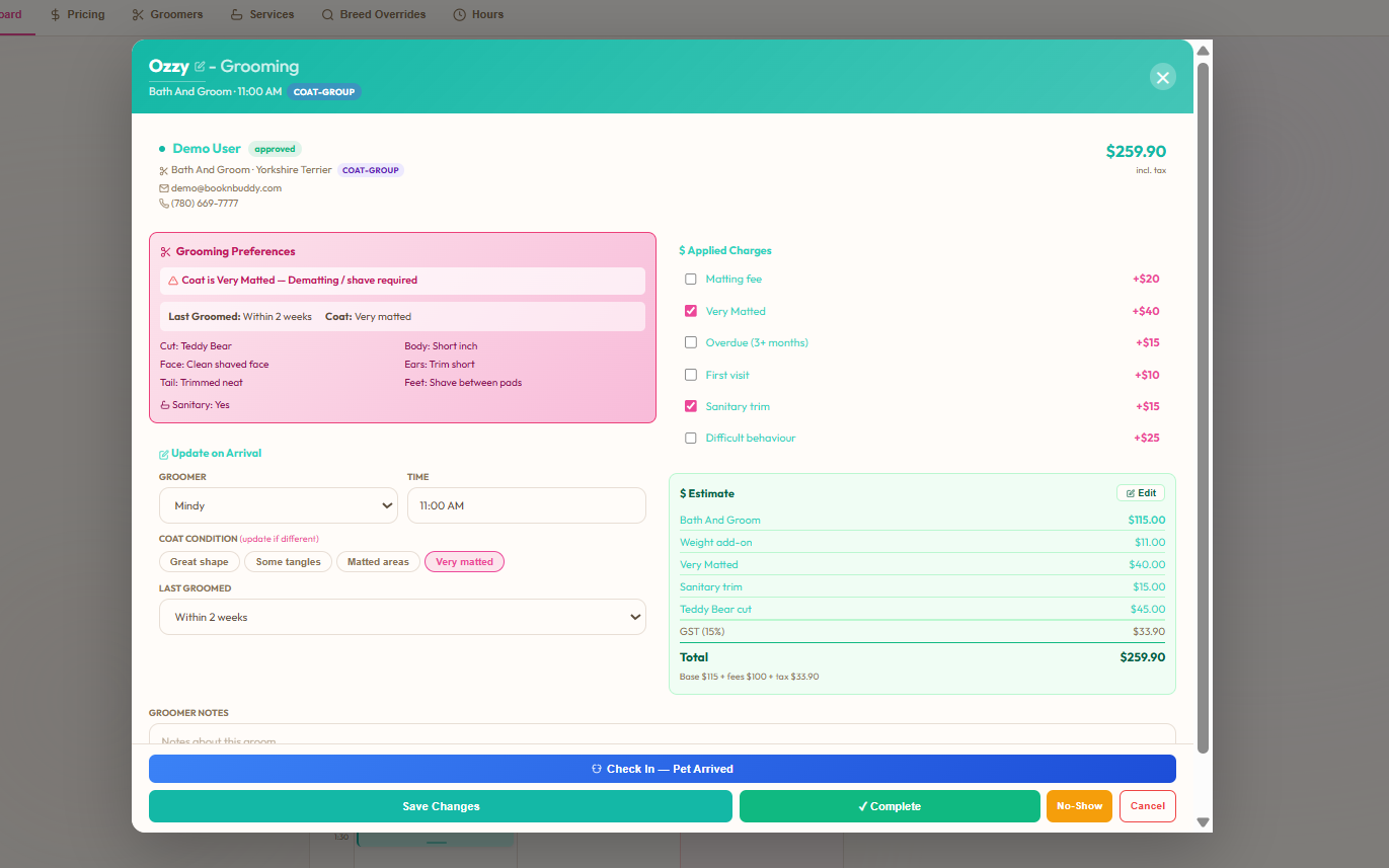 Open grooming booking detail for Ozzy showing grooming preferences panel, applied charges with Very Matted and Sanitary Trim modifiers, live estimate with Bath and Groom plus weight add-on plus modifiers plus GST, and Check-In/Complete/No-Show status buttons